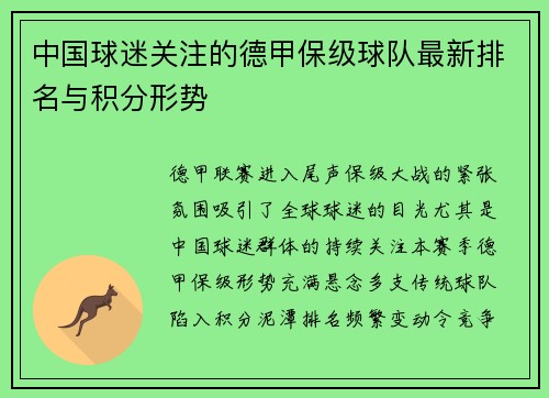 中国球迷关注的德甲保级球队最新排名与积分形势