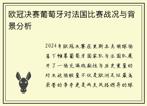 欧冠决赛葡萄牙对法国比赛战况与背景分析