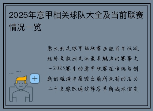 2025年意甲相关球队大全及当前联赛情况一览